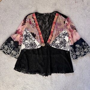 Vtg Y2K Spencer Alexis Kimono Top Sz XL Silk Lace Made In USA Whimsigoth Fairy